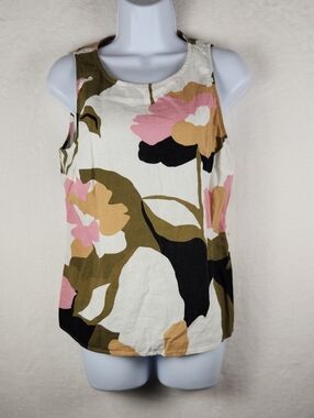 Vince Camuto Floral Sleeveless Top in Cream, Pink & Olive Size M Linen Blend.